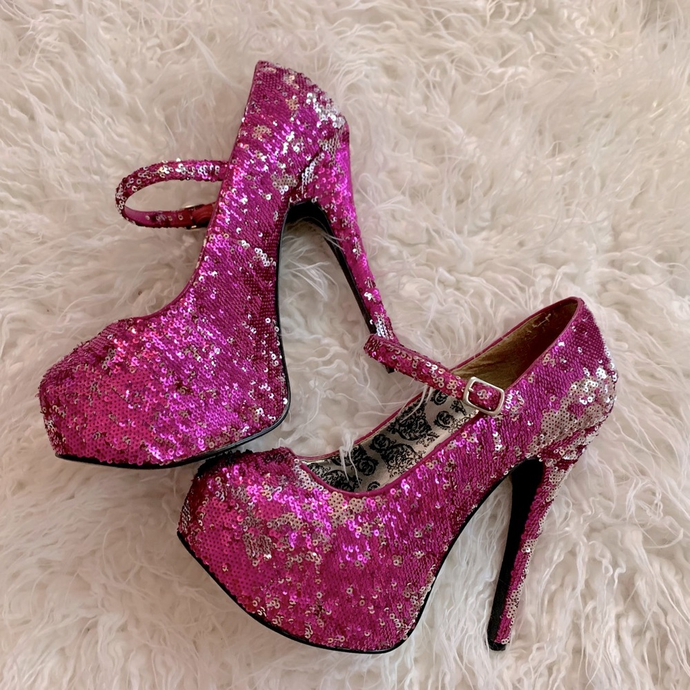 Fully Sequined Platform Bordello Club Heels w/ Ankle Strap